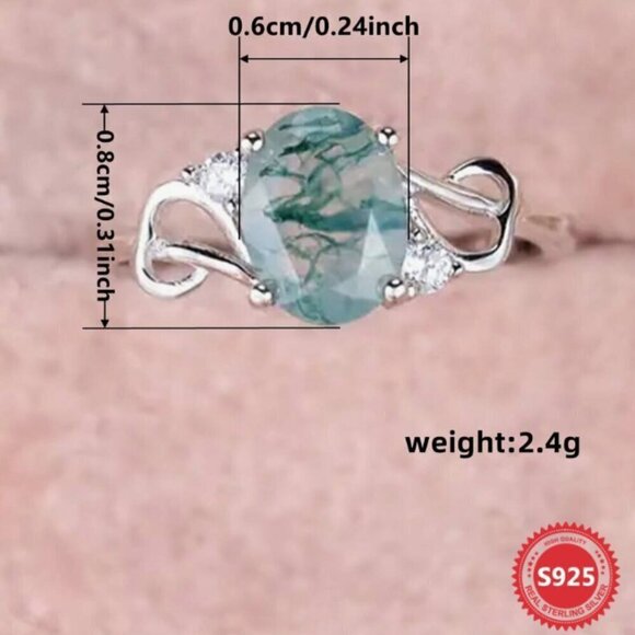 Moss Agate Oval Cut 925 Silver Ring with Zircons - Picture 3 of 10